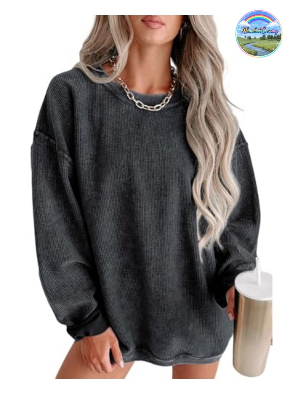 Womens Oversized Corduroy Corded Crewneck Pullover Sweatshirt Long Sleeve Casual